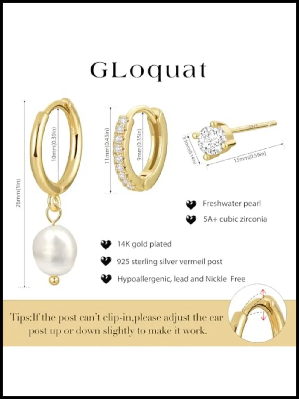 3 Pair 14k Gold Plated Huggie Hoop Earrings Set CZ Stud Pearl Dangle